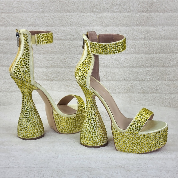AKIRA Shoes Yellow Satin Rhinestone Platform Cylinder Heels Yar